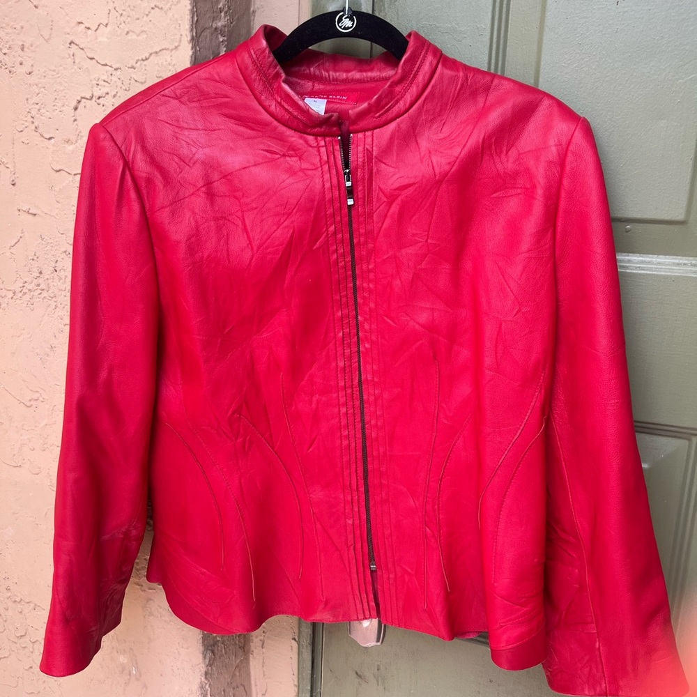 Anne Klein Red Leather Cropped Jacket with Mandarin Collar